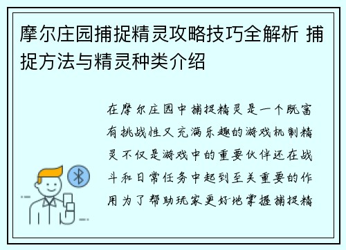 摩尔庄园捕捉精灵攻略技巧全解析 捕捉方法与精灵种类介绍