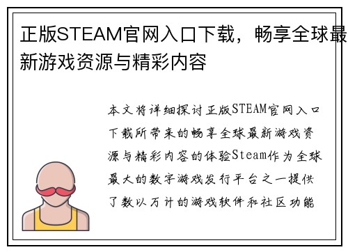 正版STEAM官网入口下载，畅享全球最新游戏资源与精彩内容
